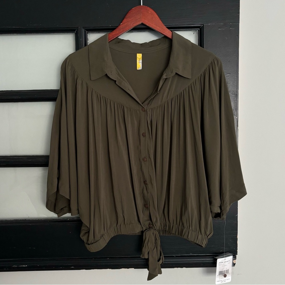 NWT Vintage Free People Cropped Button Up Tied Blouse Dark Olive Green Medium
